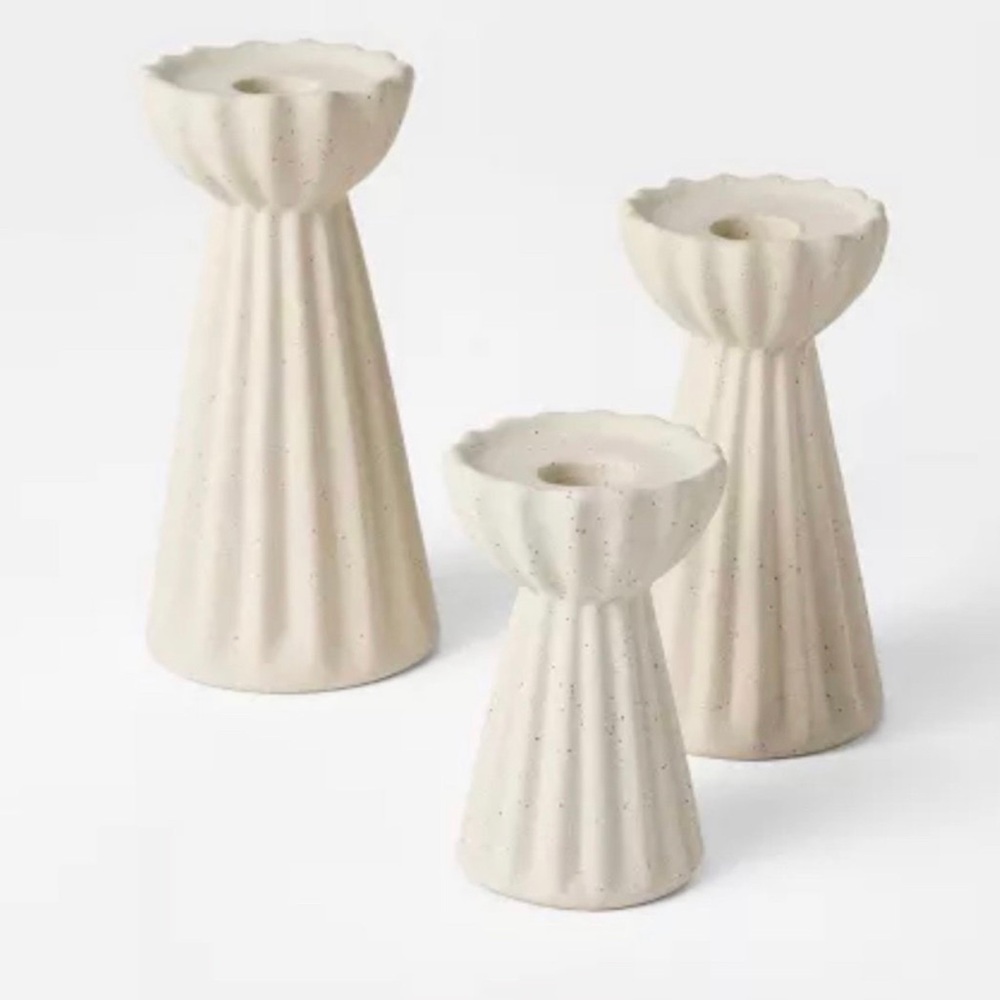 Set of 3 Ceramic Ribbed Taper Candle Holders Beige - Threshold™ Studio McGee